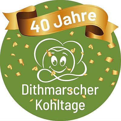 Jubiläumslogo Kohltage 40 Jahre weißgezeichnteter Kohlkopf auf grünem Grund
