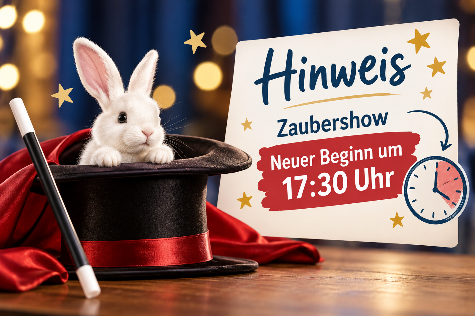 Zaubershow verschiebt sich - Hase, Zauberhut und Zauberstab nebst Hinweistext - Foto ai-generated